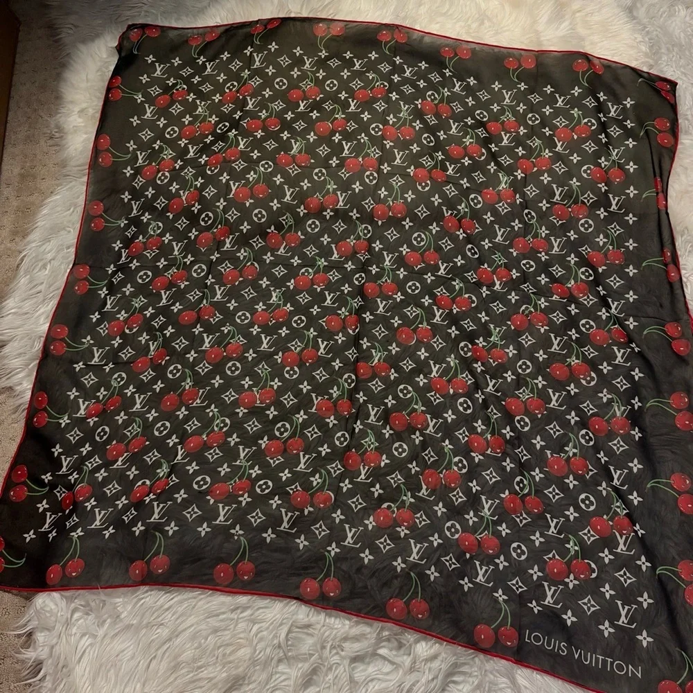 LOUIS VUlTTON 100% silk cherry print monogram scarf 40x40 custom print design